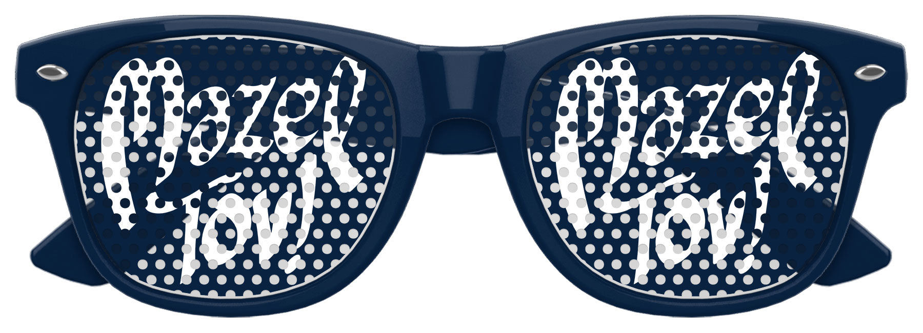 Funglasses MAZEL TOV wedding party sunglasses in navy blue with white lettering on the lenses, perfect for celebrating weddings.