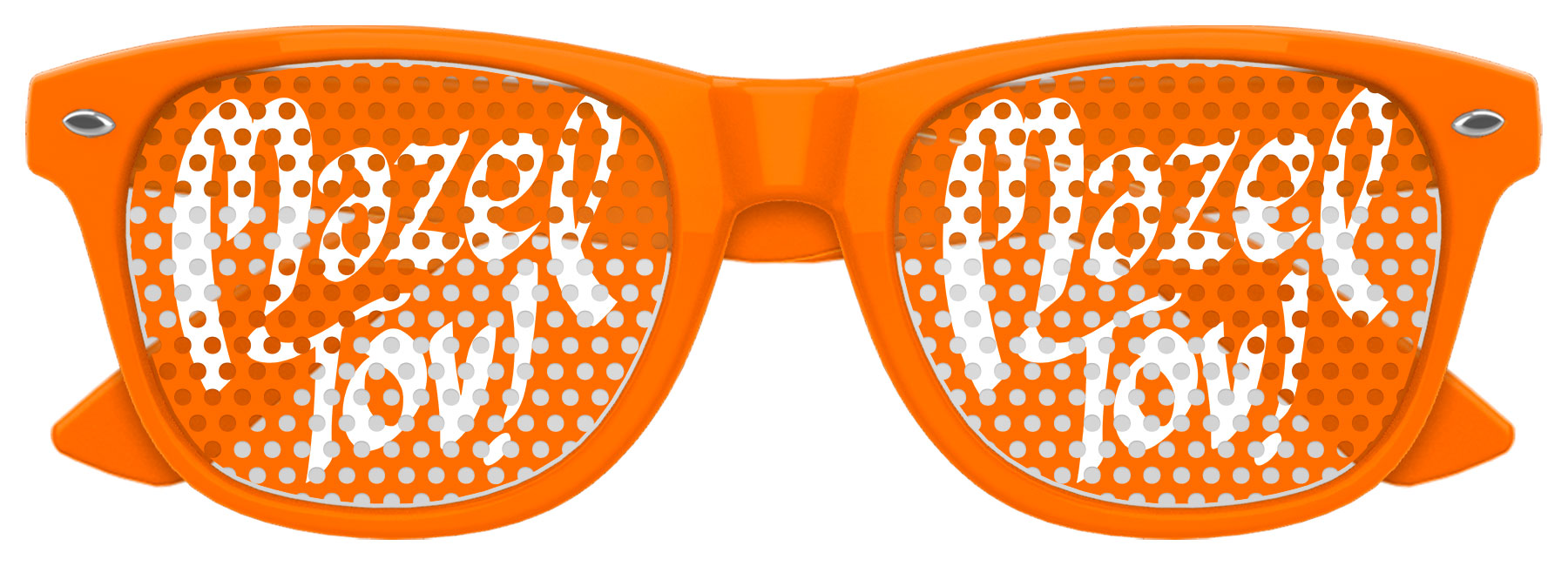 Orange Funglasses Mazel Tov wedding party sunglasses with bold black lettering and stylish design for celebrations