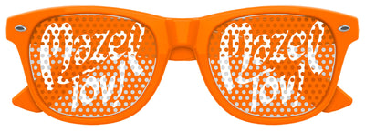 Funglasses MAZEL TOV wedding party sunglasses in orange with bold text, perfect for celebrating special occasions.