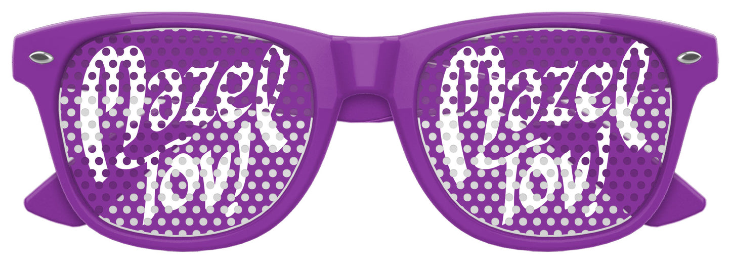 Funglasses MAZEL TOV wedding party sunglasses in vibrant purple with bold design, perfect for celebration attire.