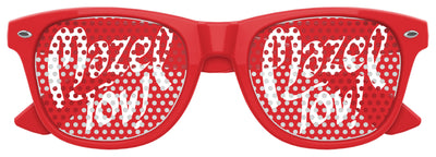 Red Funglasses MAZEL TOV wedding party sunglasses with bold frame and fun design, perfect for celebrating special occasions.