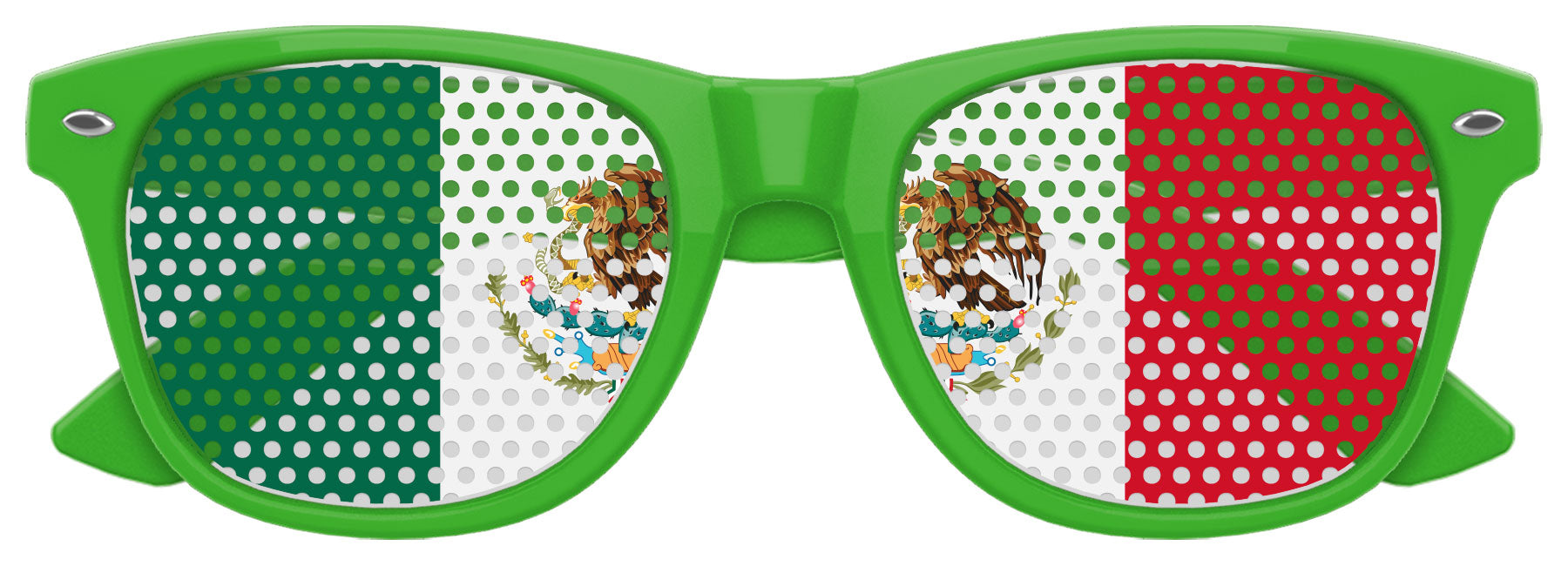 Funglasses with Mexico flag design for World Cup party, featuring green lenses and patriotic Mexican flag graphics.