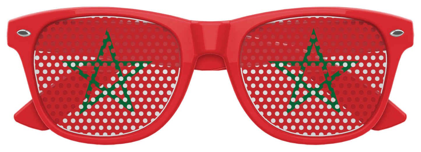Morocco flag sunglasses by Funglasses featuring red frames and Moroccan flag design, perfect for World Cup celebrations.