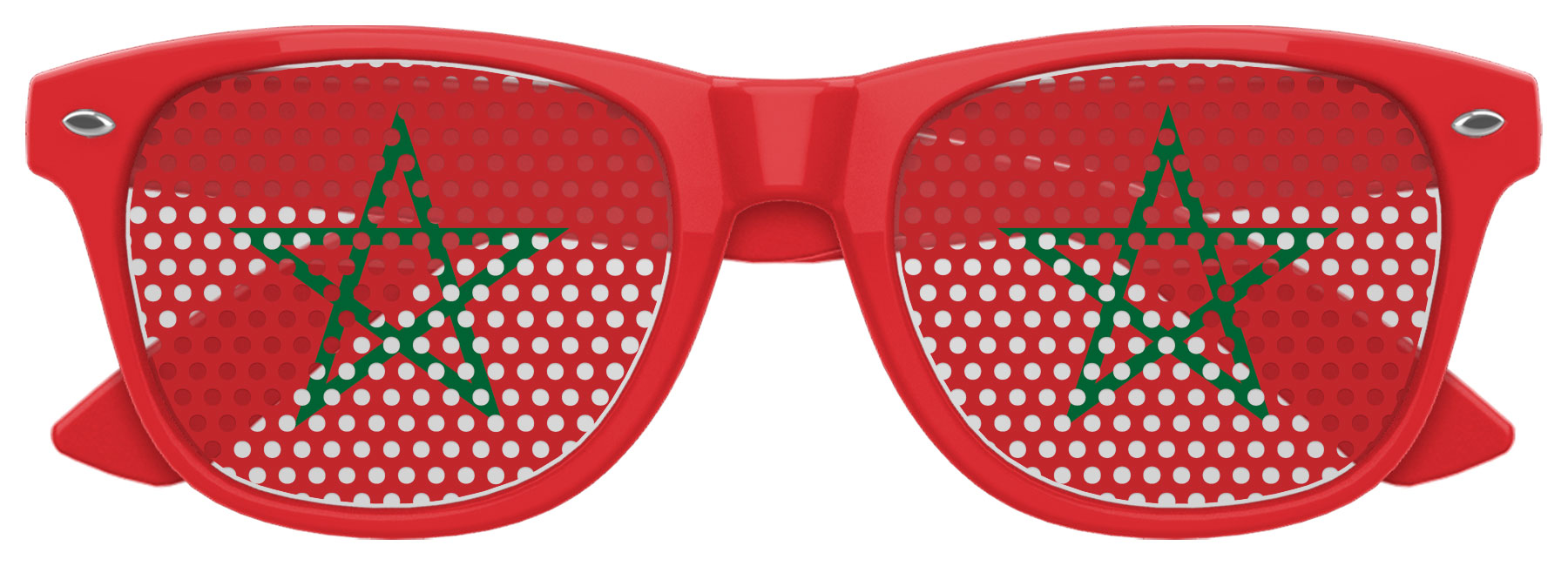 Morocco flag sunglasses by Funglasses featuring red frames and Moroccan flag design, perfect for World Cup celebrations.