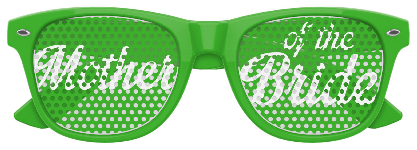 Green sunglasses for mother of the bride by Funglasses, stylish party eyewear with tinted lenses and a sleek frame.