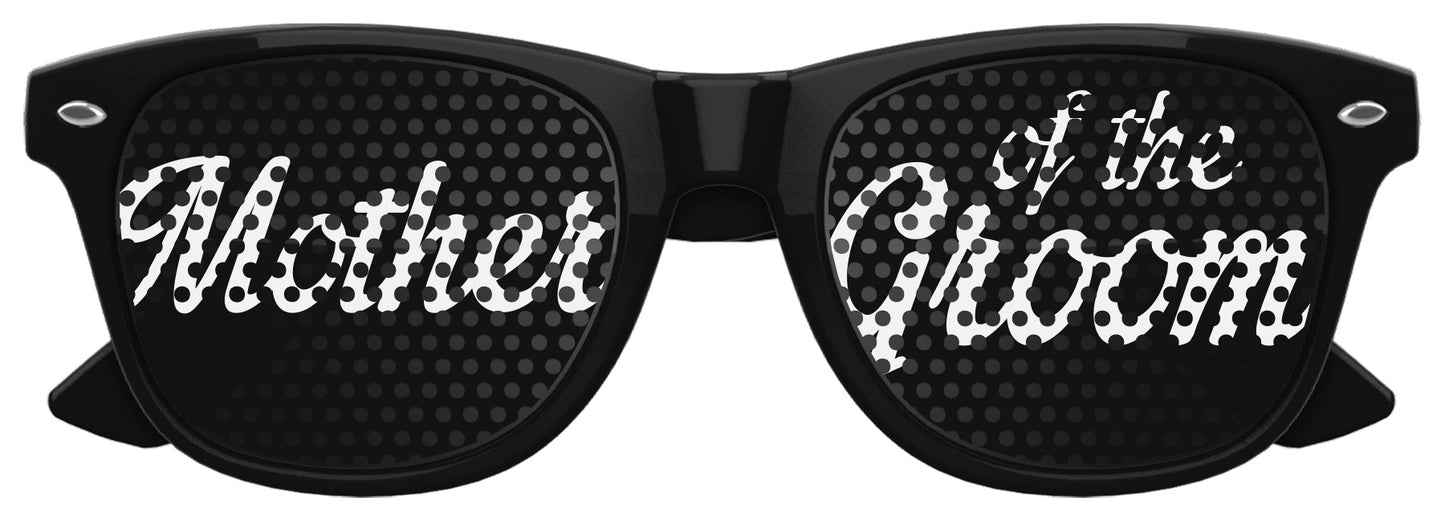 Black Mother of the Groom wedding party sunglasses by Funglasses, stylish eyewear with tinted lenses for special occasions.