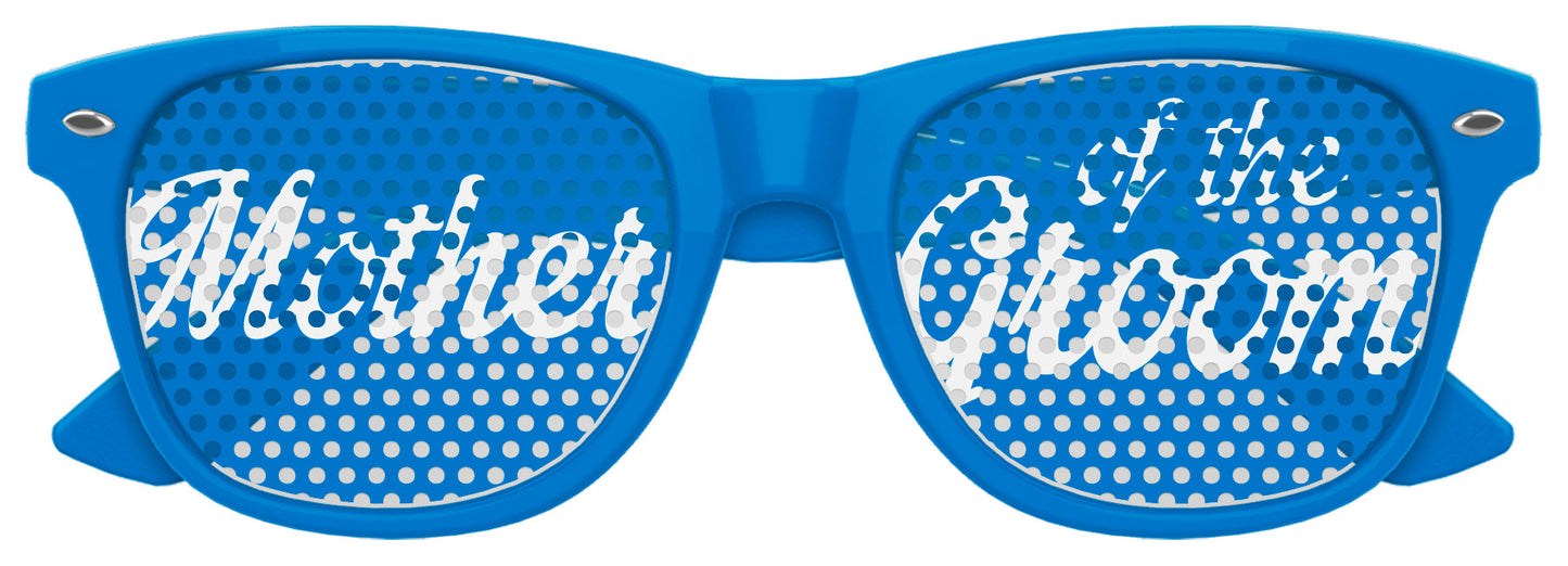Blue "Mother of the Groom" wedding party sunglasses by Funglasses, featuring stylish design and clear branding on the frames.