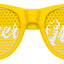 Yellow sunglasses labeled "Mother of the Groom" by Funglasses, stylish wedding party accessory with black frames.