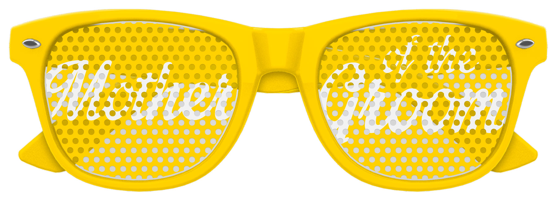 Yellow sunglasses labeled "Mother of the Groom" by Funglasses, stylish wedding party accessory with black frames.