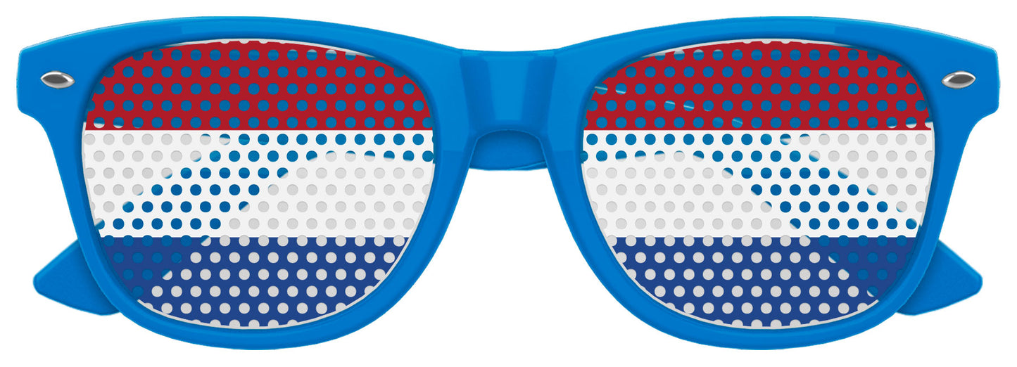 Blue Netherlands flag themed sunglasses by Funglasses, perfect for World Cup parties and celebrating Oranje fans.