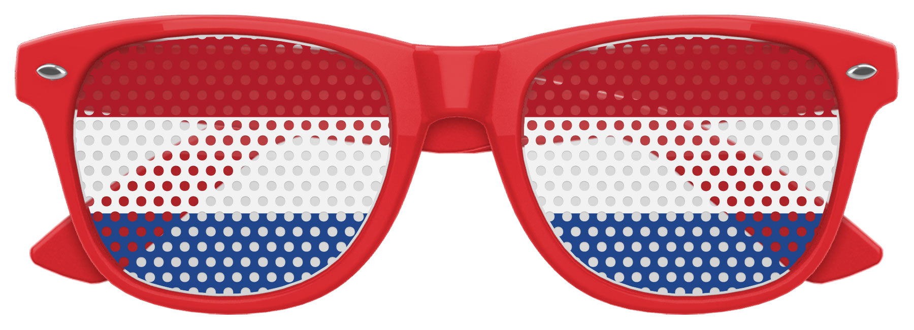 Funglasses with Netherlands flag design for World Cup party, featuring red, white, and blue colors and a stylish sunglass frame.