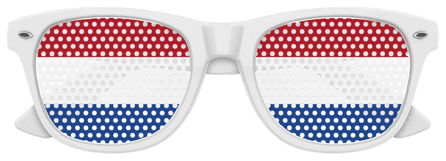 Funglasses with Netherlands flag design for World Cup party, featuring white frames and Netherlands flag motif on the lenses.