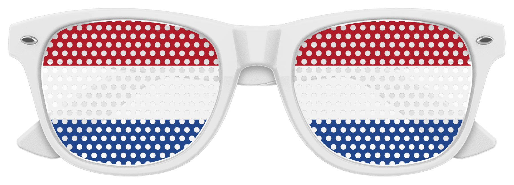 Funglasses with Netherlands flag design for World Cup party, featuring white frames and Netherlands flag motif on the lenses.
