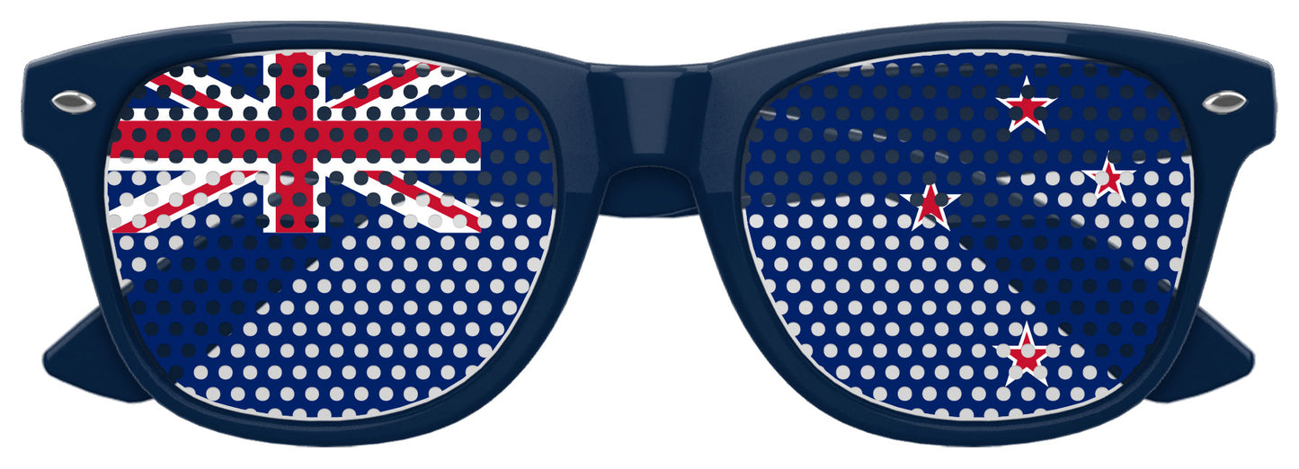 Funglasses with New Zealand flag design, blue frame, and UV protection for World Cup party fans.