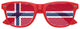 Funglasses with Norway flag design, red and white, perfect for World Cup parties, featuring bold flag graphics on stylish sunglasses.