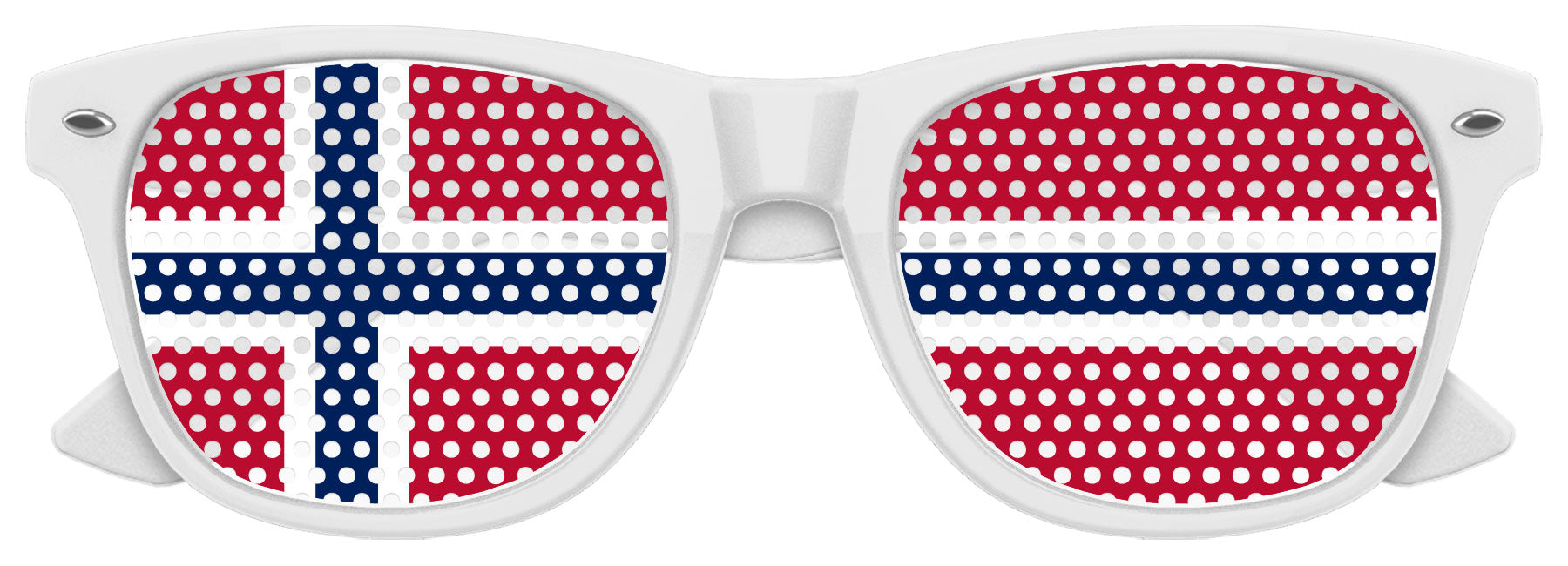 Funglasses with Norway flag design for World Cup parties, white frame with Norway flag print on the lenses.