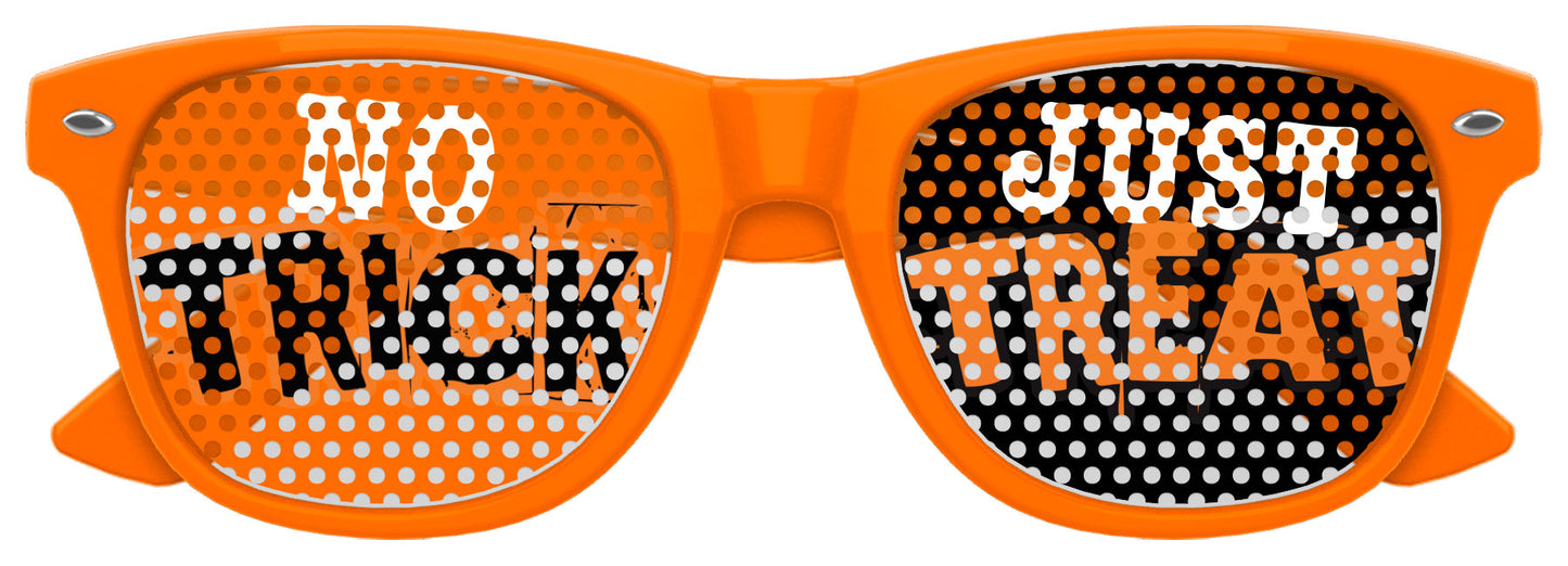 Funglasses Halloween party sunglasses with "No Trick Just Treat" design in orange and black, perfect for festive costumes.