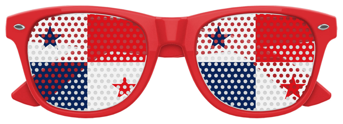 Funglasses Panama flag-themed sunglasses for World Cup party, featuring red design and patriotic flag details.