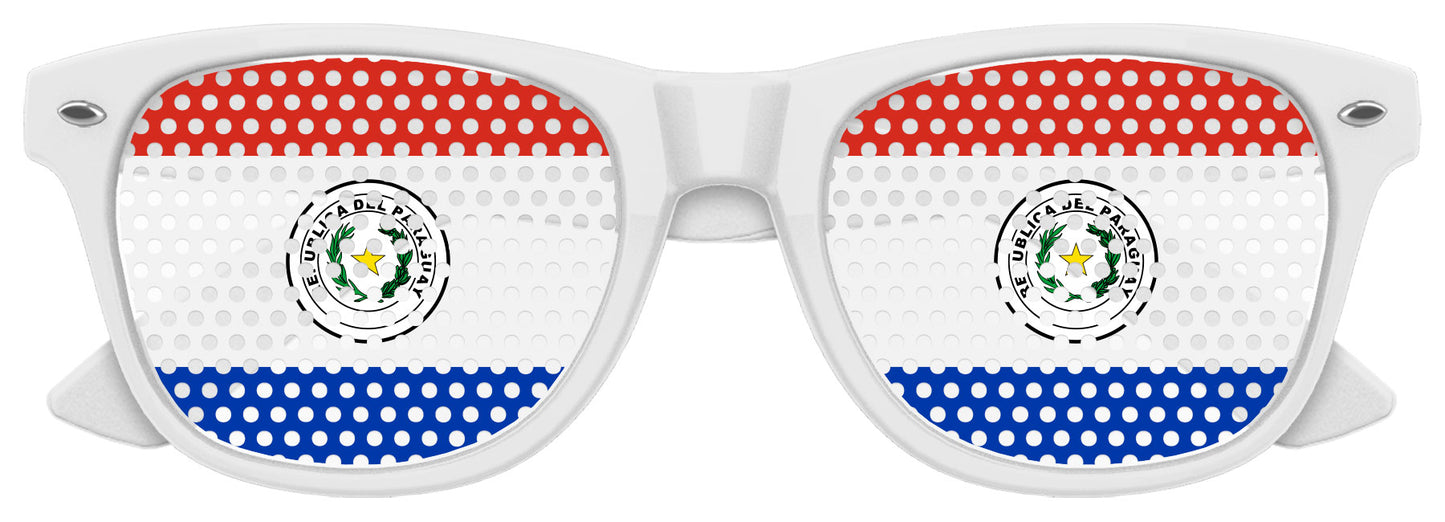 Funglasses Paraguay flag World Cup party sunglasses with white frame and flag design for sports events and celebrations.