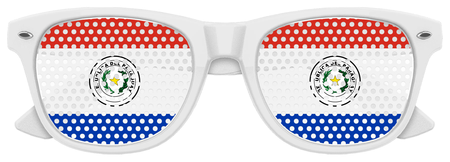 Funglasses Paraguay flag World Cup party sunglasses with white frame and flag design for sports events and celebrations.