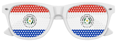 Funglasses Paraguay flag World Cup party sunglasses with white frame and flag design for sports events and celebrations.