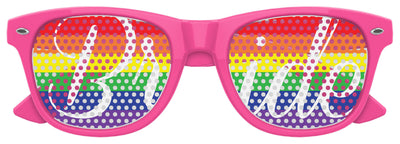 Rainbow Pride Bride wedding party sunglasses with pink frames and rainbow lenses, designed by Funglasses for celebration and style.