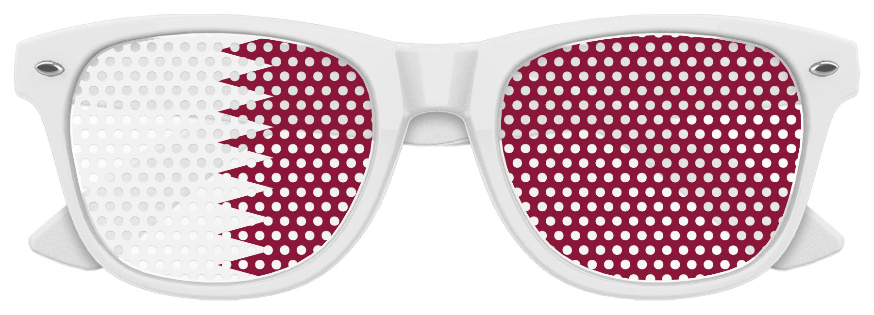 Funglasses Qatar Flag World Cup party sunglasses with white frame and Qatar flag design on the lenses for festive support.