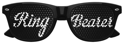 Funglasses ring bearer wedding party sunglasses in black with white text, featuring a fun design for wedding accessories.