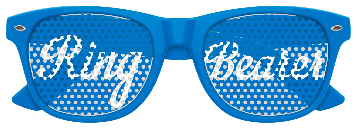Funglasses Ring Bearer wedding party sunglasses with blue frames and decorative embellishments for special occasions.