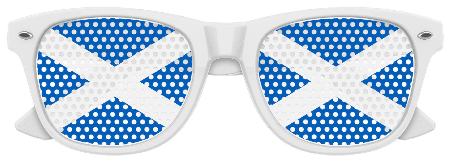 Funglasses with Scotland flag design for World Cup party, featuring white frames and Scotland flag graphic on the lenses.
