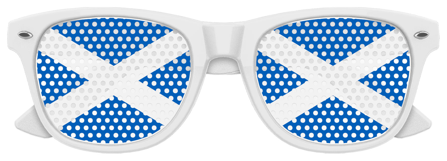 Funglasses with Scotland flag design for World Cup party, featuring white frames and Scotland flag graphic on the lenses.
