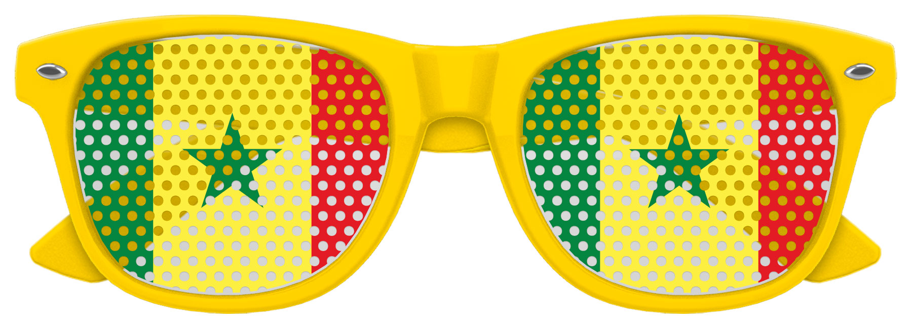 Funglasses with Senegal flag design for World Cup party, yellow and green lenses, and black frame.