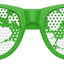 Green shamrock-shaped sunglasses by Funglasses for St. Patrick's Day party, featuring festive shamrock designs on the lenses.