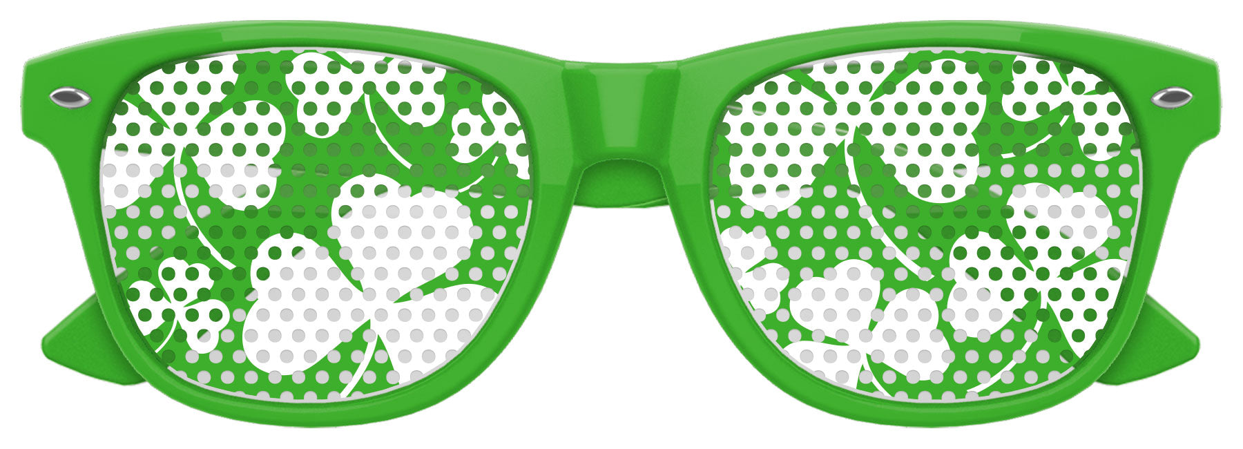 Green shamrock-shaped sunglasses by Funglasses for St. Patrick's Day party, featuring festive shamrock designs on the lenses.