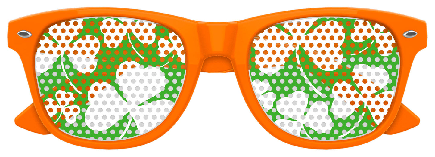 Orange shamrock-shaped sunglasses for St. Patrick's Day by Funglasses, with green shamrock accents and bold frames.