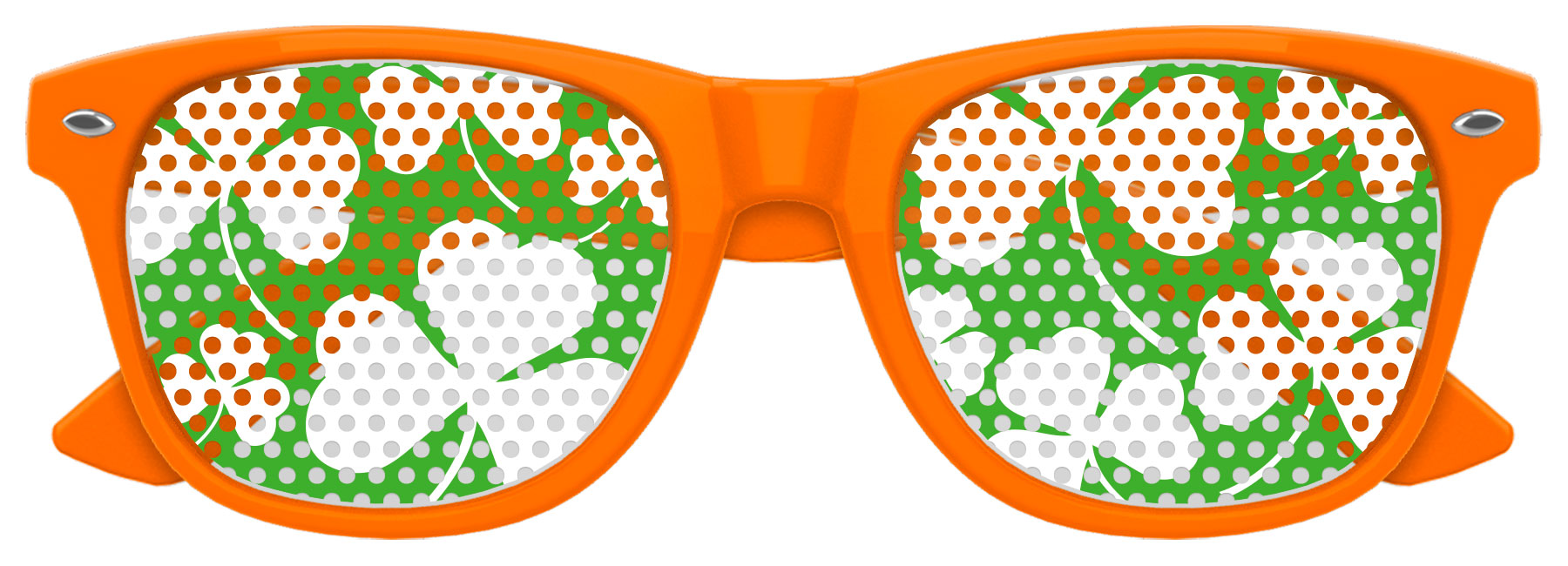 Orange shamrock-shaped sunglasses for St. Patrick's Day by Funglasses, with green shamrock accents and bold frames.