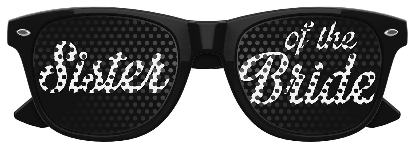 Black Sister of the Bride wedding party sunglasses by Funglasses, stylish eyewear for wedding celebration photos.