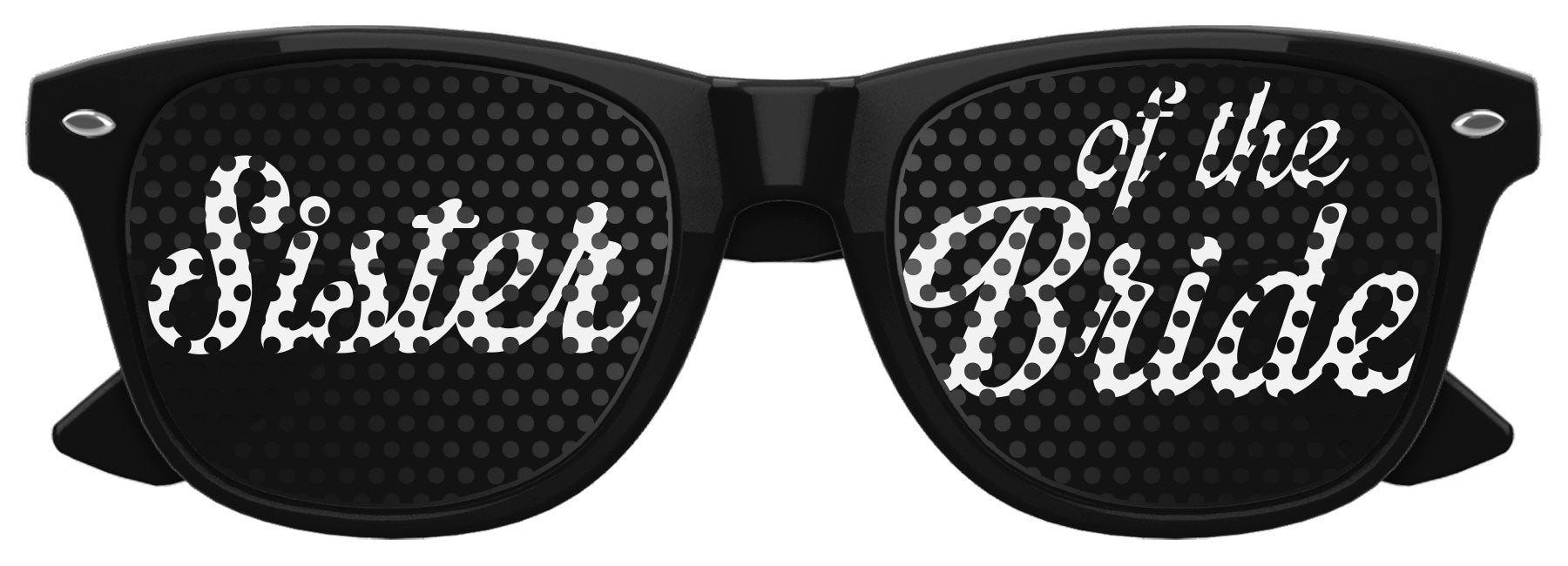 Black Sister of the Bride wedding party sunglasses by Funglasses, stylish eyewear for wedding celebration photos.