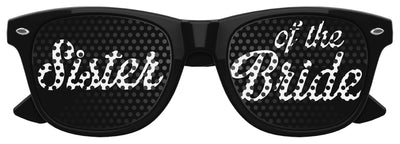 Black sister of the bride wedding party sunglasses by Funglasses, stylish accessory with tinted lenses for wedding photos.