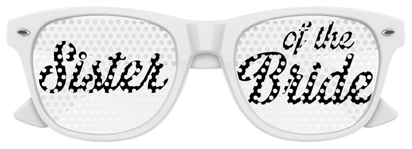 Funglasses Sister of the Bride wedding party sunglasses with white frames and stylish design for bridal celebrations.