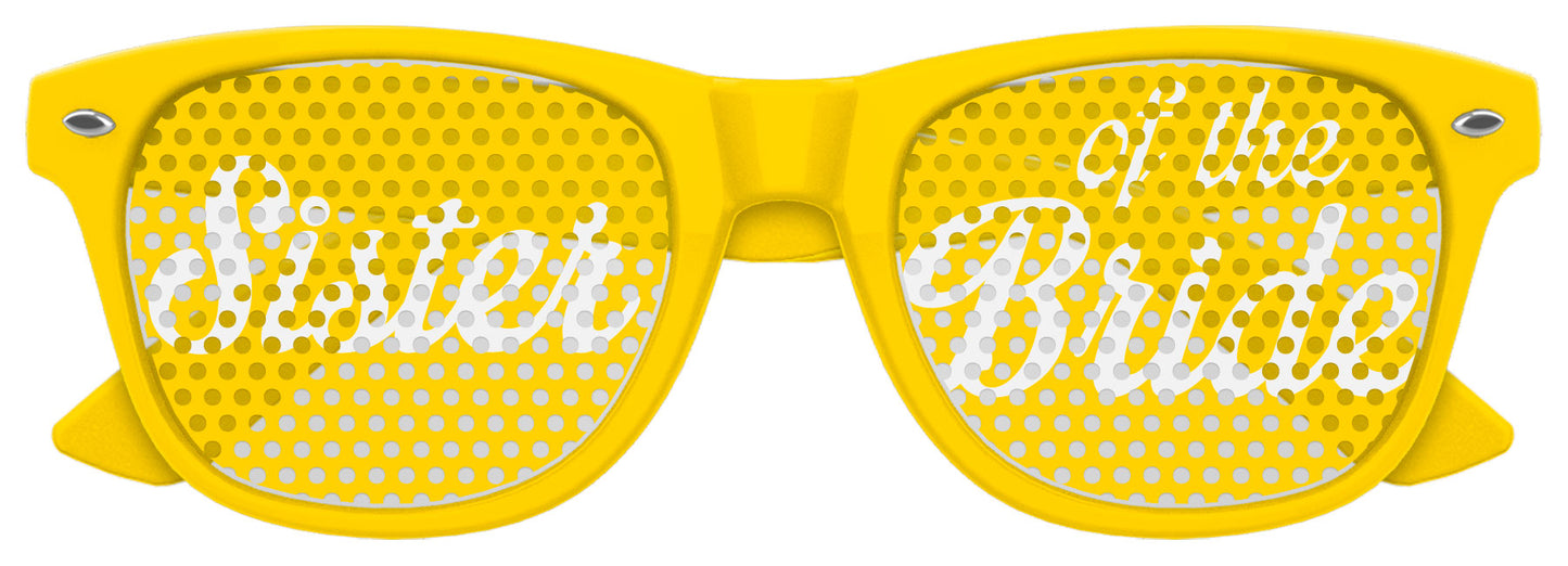 Funglasses Sister of the Bride wedding party sunglasses in yellow with stylish frames, perfect for bridal celebration accessories.