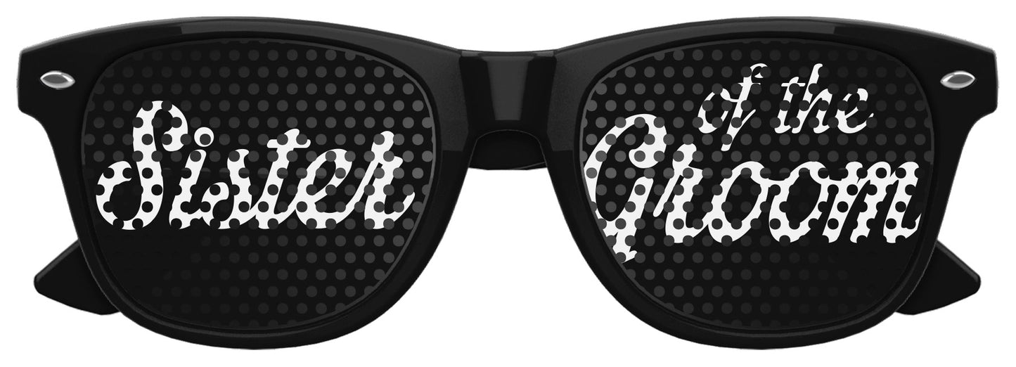 Black "Sister of the Groom" wedding party sunglasses from Funglasses with bold white text, perfect for wedding celebrations.