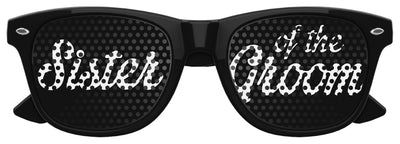 Black "Sister of the Groom" wedding party sunglasses by Funglasses with bold white lettering, stylish and fun for wedding celebrations.