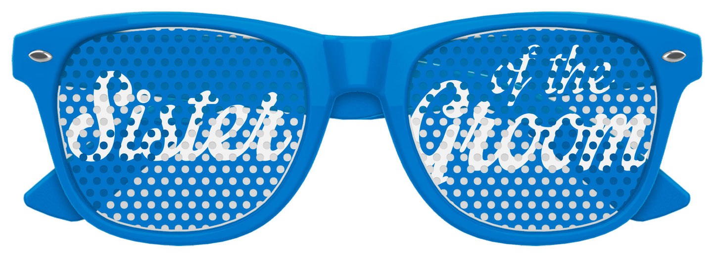 Funglasses Sister of the Groom wedding party sunglasses in blue with white lettering, stylish accessory for wedding celebrations