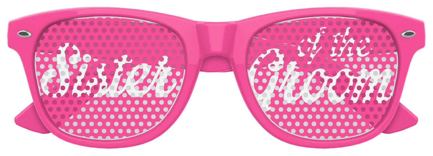 Pink wedding party sunglasses for sister of the groom by Funglasses, featuring stylish frames and wedding-themed design.