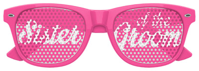 Pink Funglasses Sister of the Groom wedding party sunglasses with bold frames and custom lettering for special occasion photos.