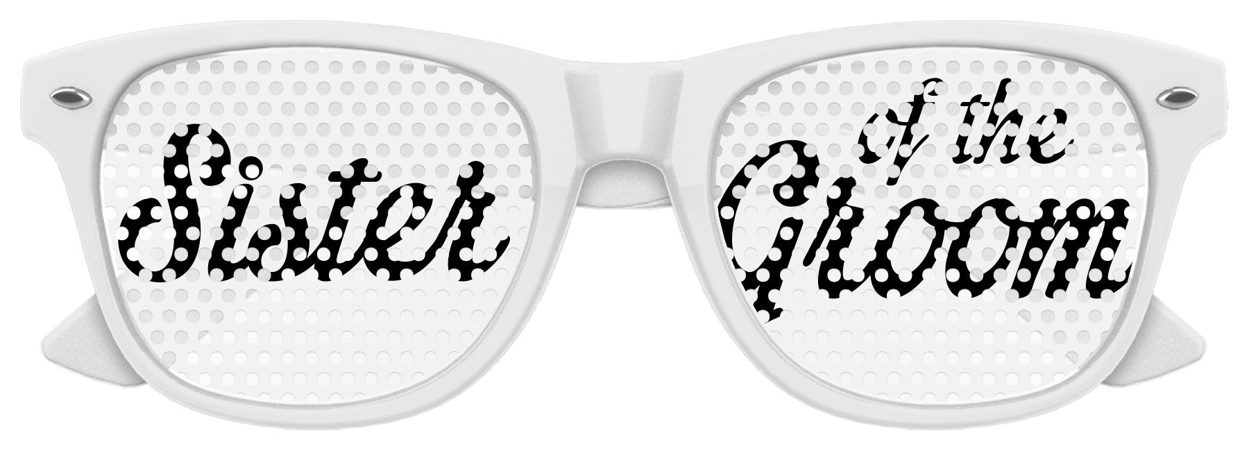 Funglasses SISTER OF THE GROOM wedding party sunglasses in white with black lettering, stylish accessory for wedding celebrations.