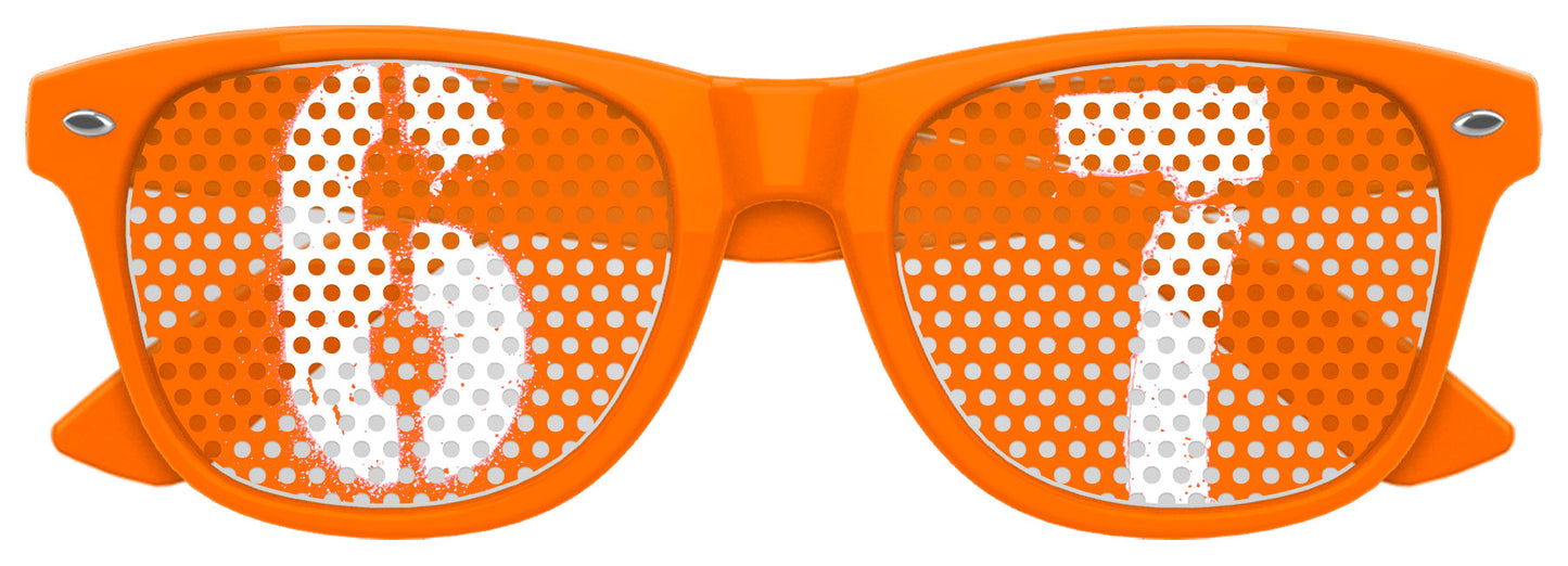 Bright orange SIX SEVEN Party Sunglasses by Funglasses with rounded frames and dark lenses on a white background.