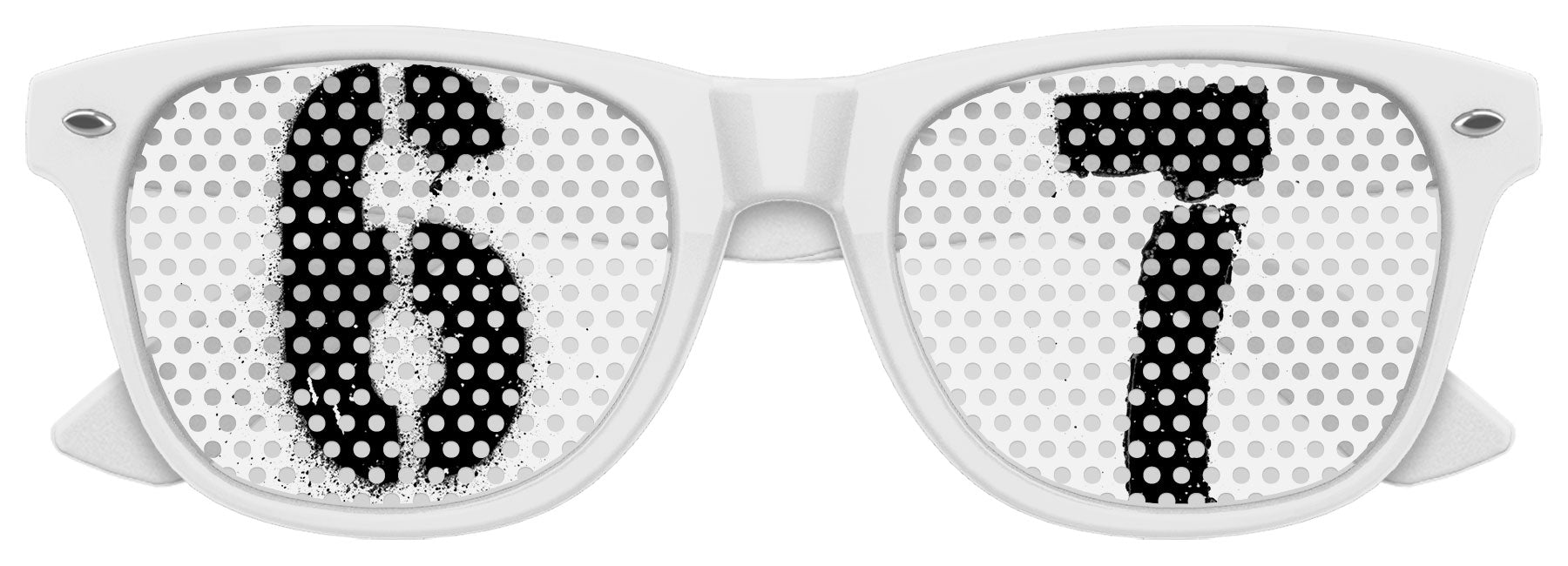 Funglasses Six Seven Party sunglasses with white frames and dark tinted lenses, stylish eyewear for fun and outdoor events.