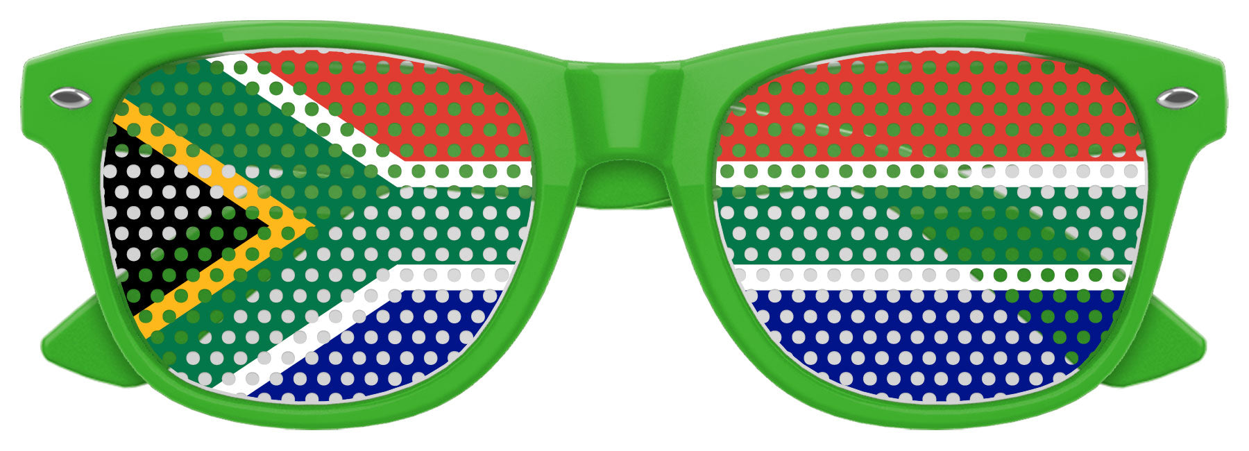Funglasses with South Africa flag design for World Cup party, green tinted lenses and patriotic print on the frame.